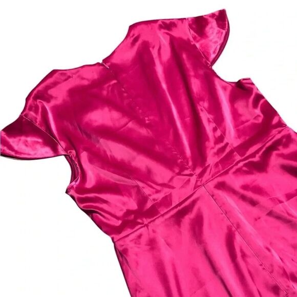 NWT FEHAUTE rose red pink Cap Sleeve v neck Satin A-Line Maxi wrap Dress sz 10 - Picture 7 of 13